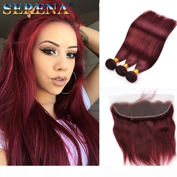 

virgin ombre hair one tone color burgundy 99j straight human hair weaves malaysian virgin human hair 3 bundles lot with 13x4 frontal, Black;brown