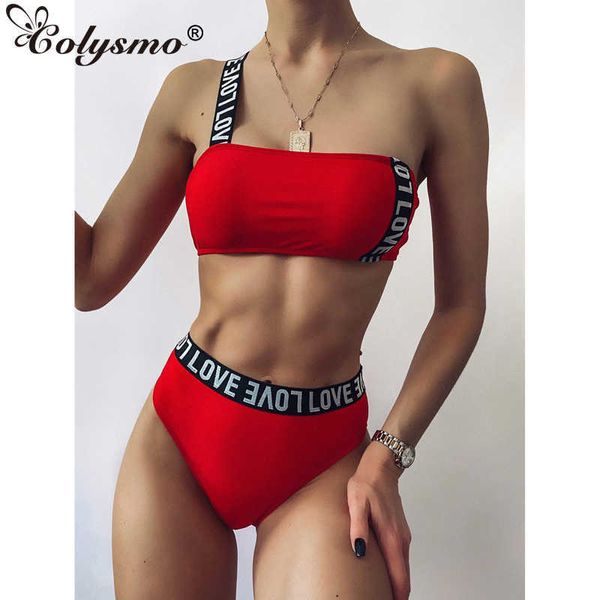 

colysmo single shoulder bikini set letter patchwork high waist bodycon 2 piece swimsuit women summer vacation beach outfits 210527, White;black