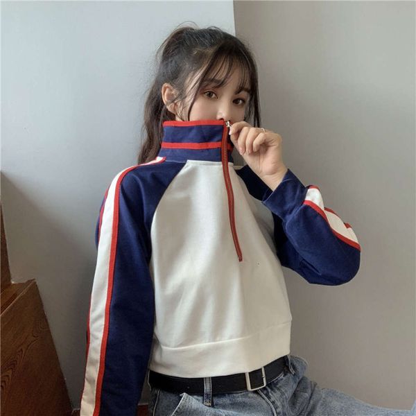 

waist short half high collar sweater female spring and autumn loose korean student harajuku style long sleeve thin jacket, Black