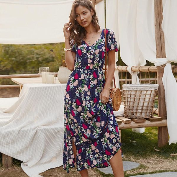 

casual dresses boho floral print midi dress women short sleeve summer ladies gypsy beach long ethnic female vestidos z1ym, Black;gray