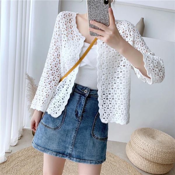 

women's knits & tees korean style beige white vintage lace cardigan hollow out floral knitted blouse women shirt summer crop