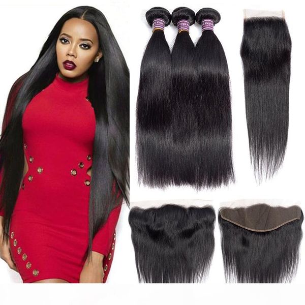 

new arrival indian virgin straight hair bundles with lace closure frontal unprocessed brazilian wet and wavy human hair weaves extensions, Black