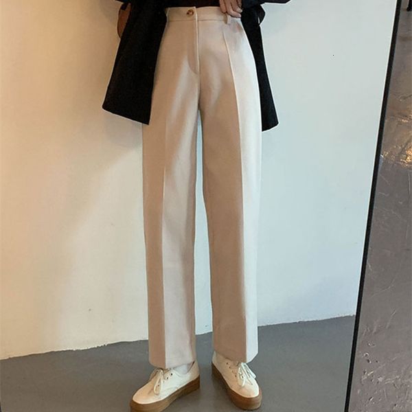 

2021 new 4colors sml winter autumn high waist straight women wool thicken pants loose trousers capris (x1701 7blt, Black;white