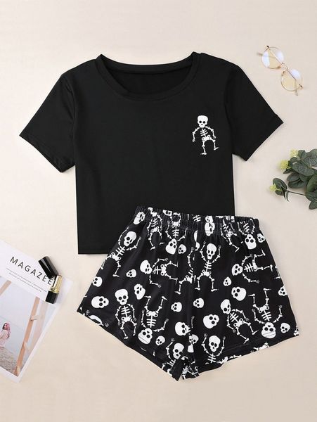 

plus skull print pajama set j5th#, Black;white