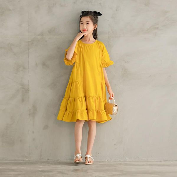 

girl's dresses kids cute dress 2021 girls summer 100% cotton ruffles teen children baby clothes yellow ruched,#6294, Red;yellow