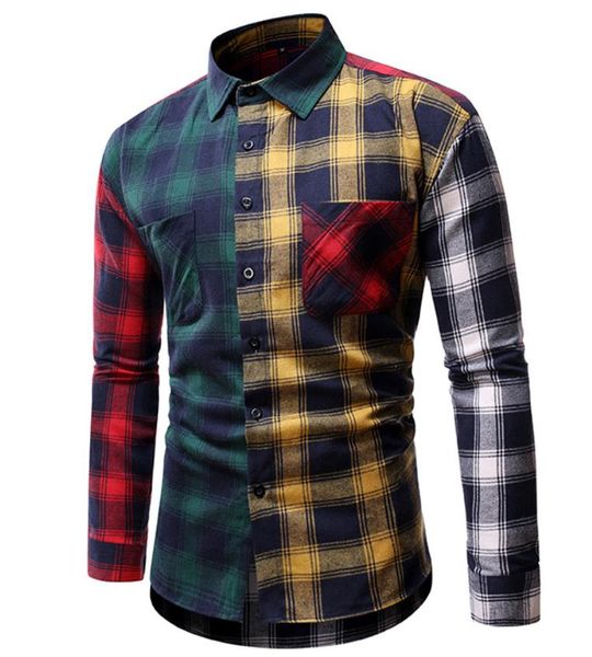 

plaid shirt 2021 men long sleeve single breasted patchwork contrast color design mens casual shirt tx30, White;black