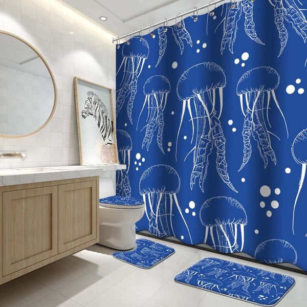 

shower curtains 4 pcs navy blue jellyfish curtain set ombre ocean sea animal fabric modern bathroom curtain, 72'' Ã