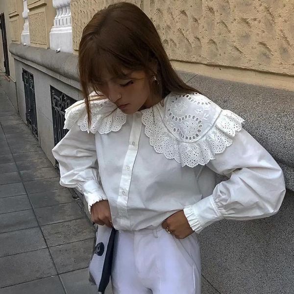 

mosimolly big collar lace embroidery shirt blouses women lantern sleeve white cotton female blusas shirt