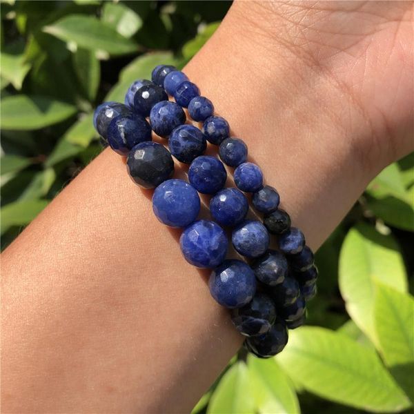 

beaded, strands natural 128 faceted blue veins sodalite bracelet round beads crystal healing stone for women and men jewelry, Black