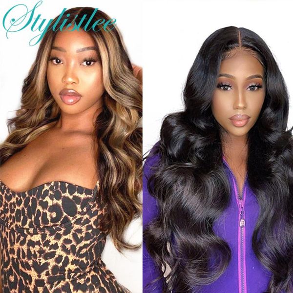 

lace wigs body wave wig ombre highlight colored human hair for black women t part front brazilian pre plucked, Black;brown