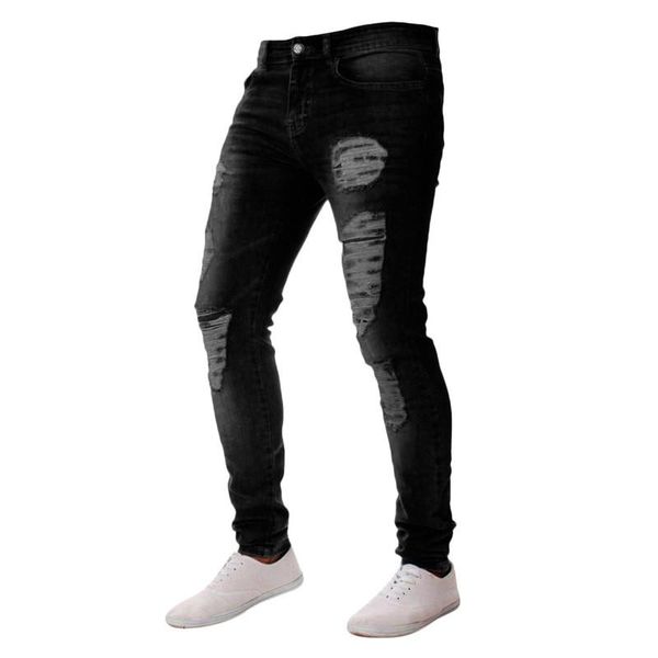 

men's pants fashion men ripped skinny jeans stretch destroyed frayed slim fit denim pant with zipper pencil clothes casual, Black