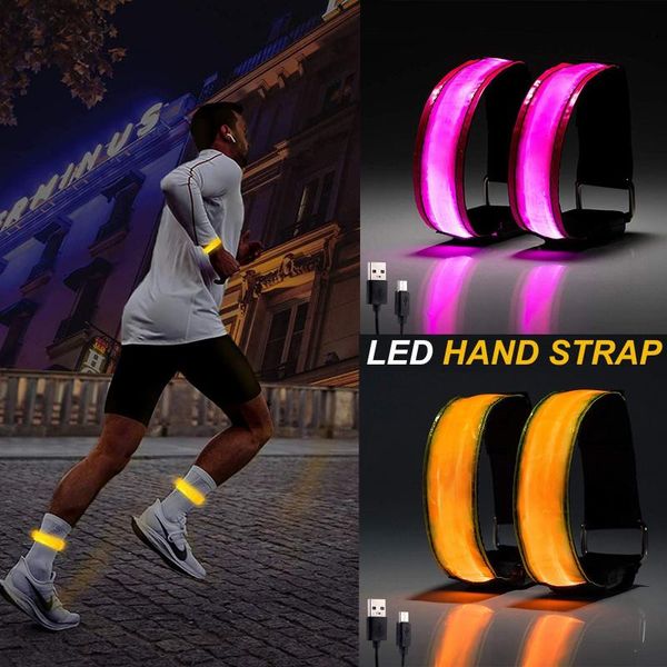 

25# outdoor running light sport wristbands adjustable usb led glowing bracelets for runners joggers cycling riding sports safety, Black;red