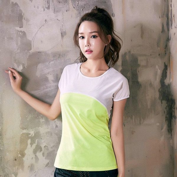 

yoga outfits women mesh breathable workout gym short sleeve elastic shirt sport jersey t fitness running tee quick dry shirts, White;red