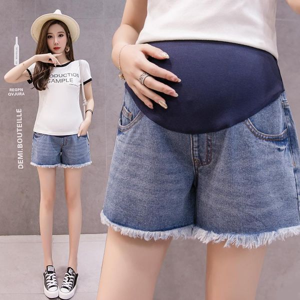 

maternity bottoms 8822 summer casual thin denim shorts high waist belly wide leg loose straight short jeans for pregnant women pregnancy, White