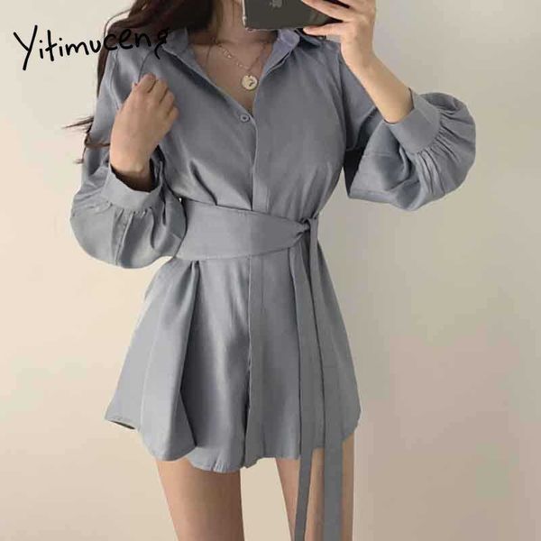 

yitimuceng 2 piece blouse and wide leg shorts women sashes oversized shirts suit khaki white gray blue black spring 210601