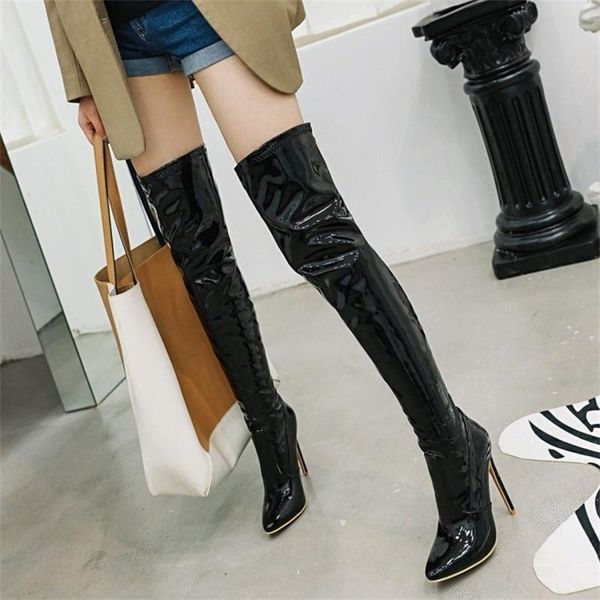 

dress shoes knee high boots with thin heel and pointy patent leather, Black