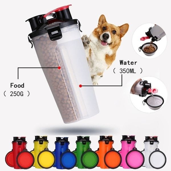 Tragbare 2-in-1-Haustier-faltende Wasserflasche-Nahrungsmittelbehälter mit faltender Silikon-Haustierschüssel im Freienreise-Hundekatzen-Feeder-Becher-Schüssel Y200922