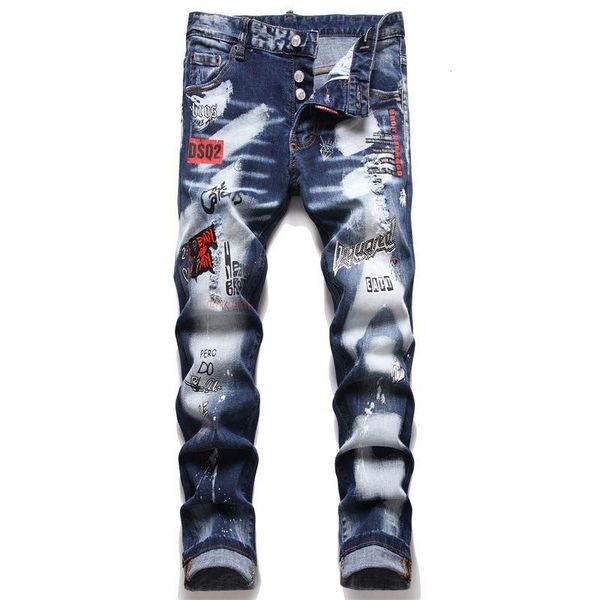 

men's jeans patch men skinny casual cotton classic ripped denim for straight slim fit plus size harajuku biker jean clothing, Blue