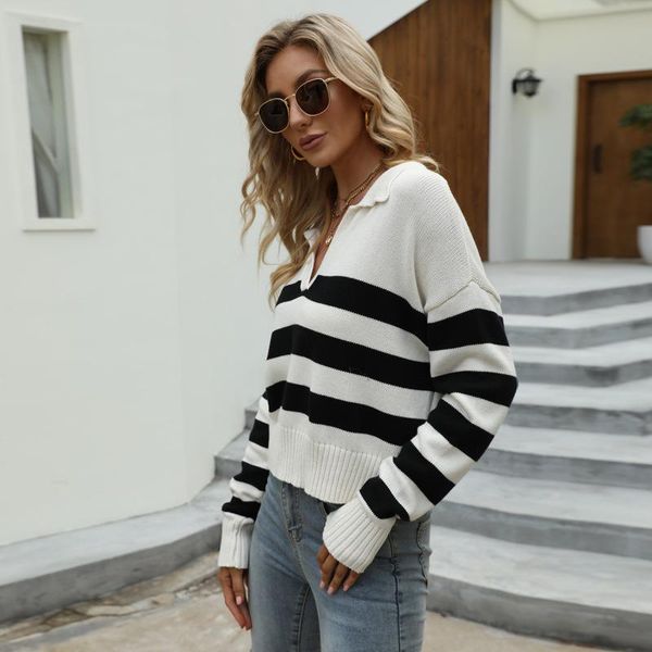 

women's sweaters 2021 autumn winter striped lapel sweater ladies causal long sleeve jumper pullovers for women, White;black