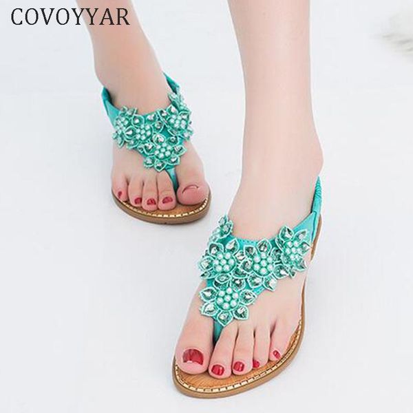

sandals covoyyar 2021 bohemian flat women beaded flower flip flops sweet beach slippers summer shoes woman big size 42 wss439, Black