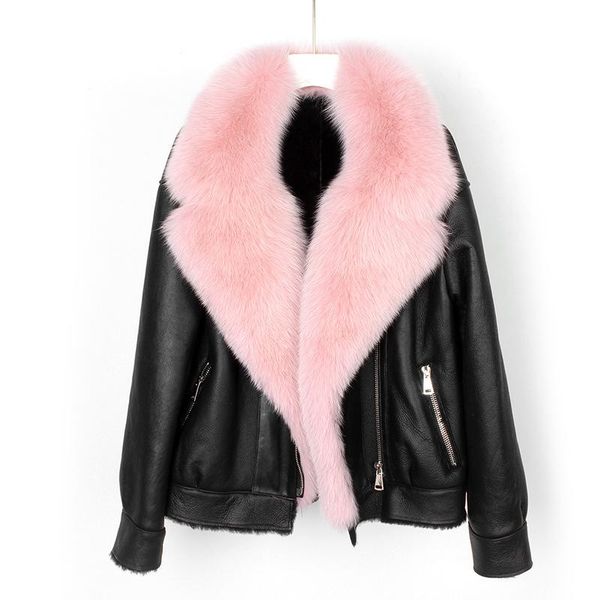 

women's fur & faux motorcyle real coat with genuine sheepskin leather wholeskin natural jacket outwear luxury women 2021 winter, Black