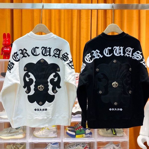 

qiudongchao brand new ch crosin sanskrit cross embroidered leather matching sweater men's and women's loose net infrared cover, Black