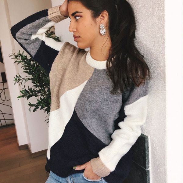 

2021 women new fashion patchwork sweater casual long sleeve o-neck knitwear elegant loose warm streetwear autumn tj61, White;black