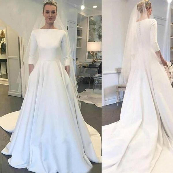 

elegant 3/4 long sleeves wedding dresses gowns satin bateau covered buttons back sweep train custom made plus size beach castle vestido de n, White