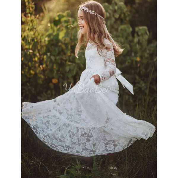 

2-12 year lace girls dress 2021 new white/beige toddler long sleeve flower boho clothes baby kids princess wedding prom party g1129, Red;yellow
