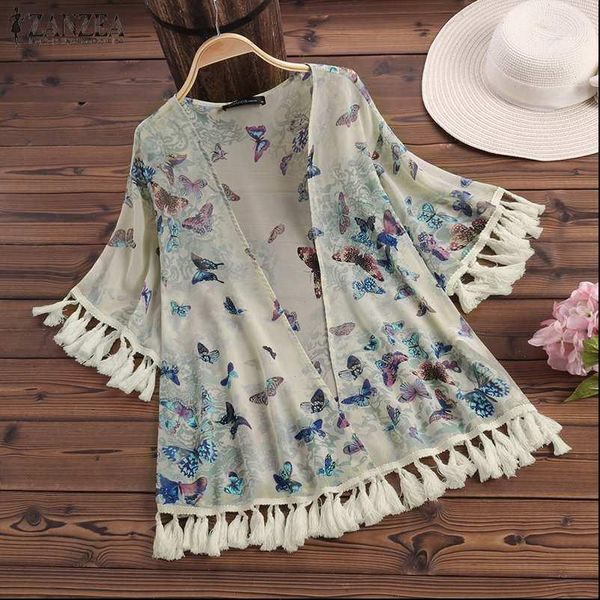 

kimono zanzea women and blouses floral print shirt 2021 summer fringe kimono blusas ladies casual beach bikini cover up, White