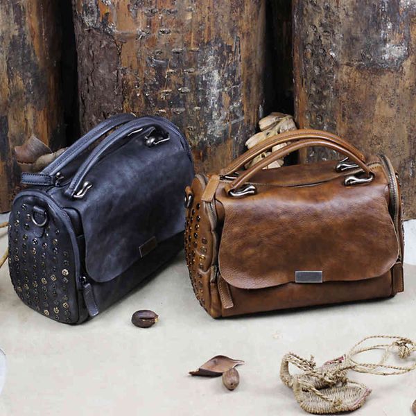 

personalized leather bag manual rivet single shoulder brush color head hand women's fashion messenger