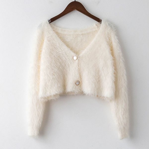 

New 2021 Korean Style Mohair Knitted Jackets Women Elegant v Neck Cardigan Sweater Autumn Long Sleeve Cropped Coats MW63, White;black