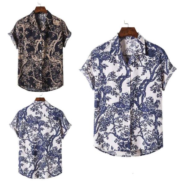 

2021men's casual floral beach cotton hemp printed shirt men, White;black