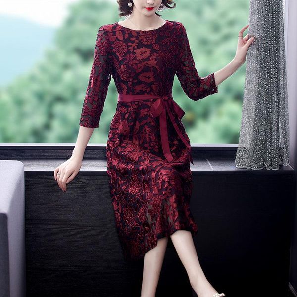 

casual dresses large size jacquard lace mesh dress autumn style elegant temperament fashion ladies slim midi vestidos de fiesta m945, Black;gray
