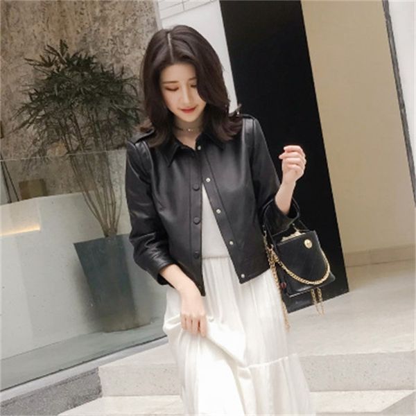 

2021 female spring genuine sheep leather jacket r12 aqiy, Black;brown