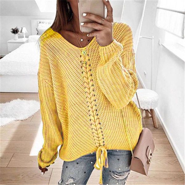 

womens splicing colors t-shirt sweater fashion trend long sleeve v-neck strap buckle knitting famale autumn new loose casual sweater, White