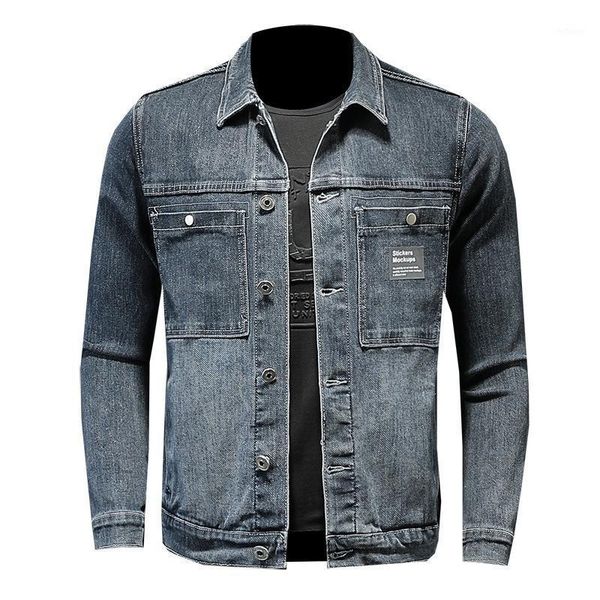 

men's jackets blue denim casual jacket men straight jeans stretch long sleeve turn-down collar outerwear streetwear many pockets coat, Black;brown