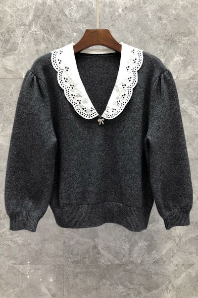 

xiaozi western bow puff sleeve short wool sweater womens autumn european goods new french sweater 9w, White