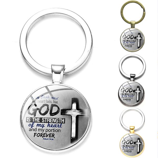 

god is the strength of my heart bible verse psalm circle key chain christian cross keyfobs glass dome pendants wedding souvenirs, Silver