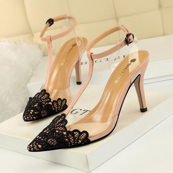 

dress shoes 968-1 korean fashion banquet transparent barefoot women's thin heel high lace pointed t-belt sandals, Black