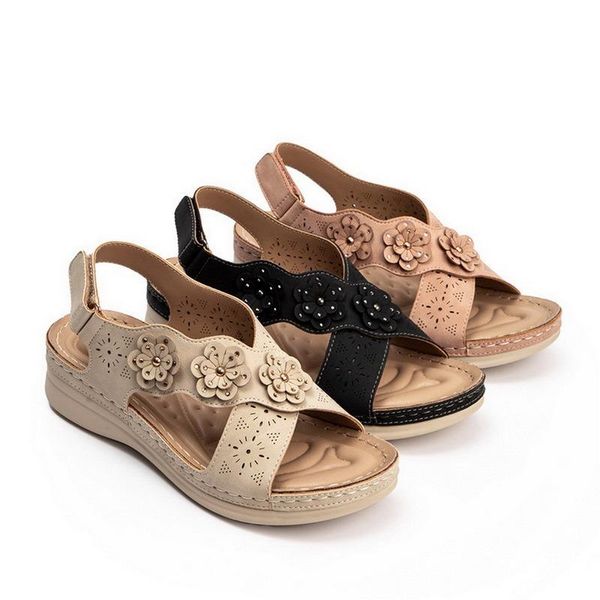 

women flat sandal flowers hollow platform wedges gladiator open toe buckle shoes female casual women's flat platform beach shoes, Black