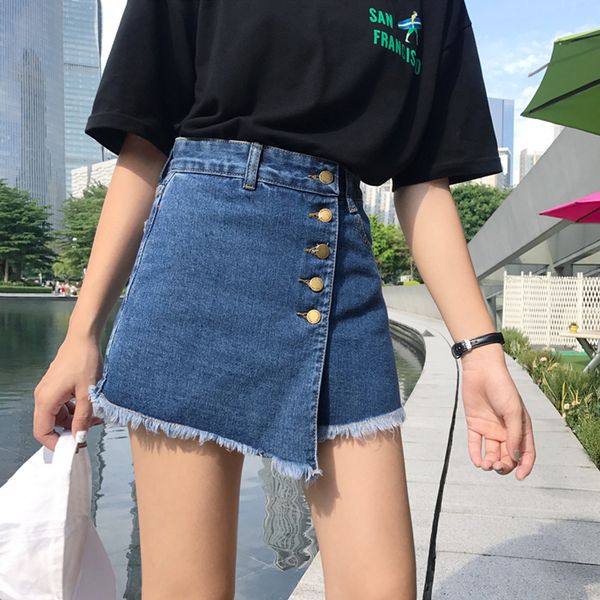 

2021 new women high waist single breasted blue denim skirts casual female summer irregular wide legs shorts ym8k, White;black