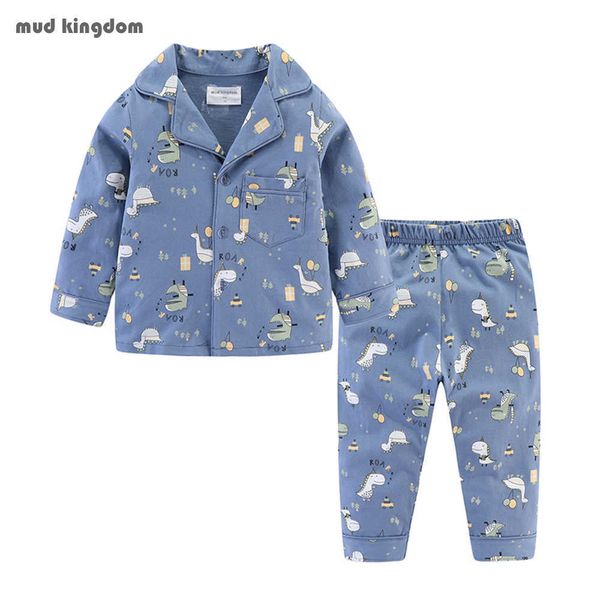 Mudkingdom Meninos Meninas Pijamas Set Callared Manga Longa Bonito Dos Desenhos Animados Outono Criança Pijama Kids Sleepwear Imprimir Crianças roupas 210615