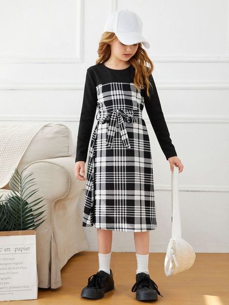 

girls plaid belted a-line dress she, Red;yellow