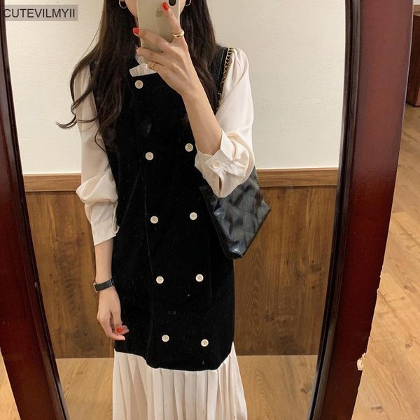 

casual dresses 2021 women loose long gentle elegant chic female fashion clothes french patchwork double breasted retro, Black;gray