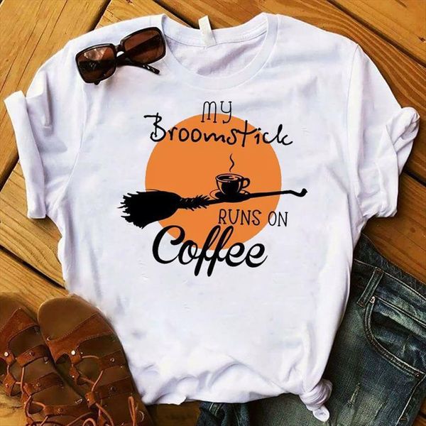 

broomstick runs on coffee women halloween tee clothes graphic, White