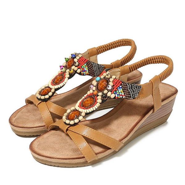 

dress shoes lihuamao ethnic style bohemia wedges sandals string bead decoration elastic band slip on comfortable beach party cute, Black