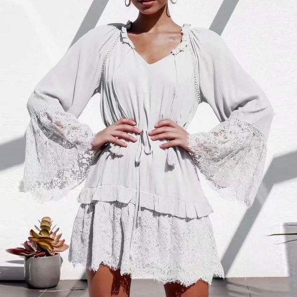 

casual dresses eayucu solid v neck lace patchwork loose women dress 2021 flare sleeve up ruffles short cotton women's clothing d393, Black;gray