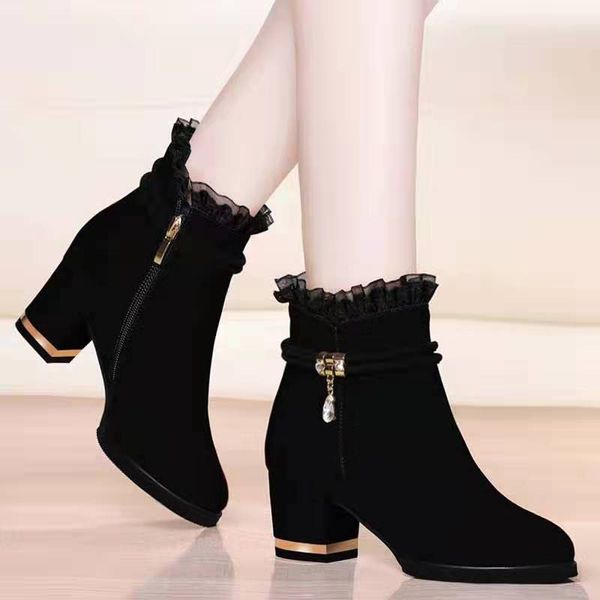 

2021 winter women ankle boots faux suede chunky boot gauze designer shoes black high heels dress shoes botas mujer 8788n