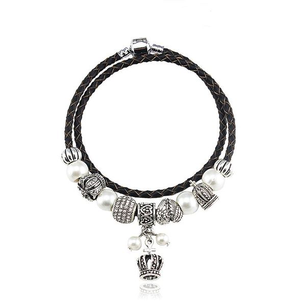 

charm bracelets annapaer fashion leather elegant crown bracelet bangles authentic jewelry beads fit for women gift b15391, Golden;silver